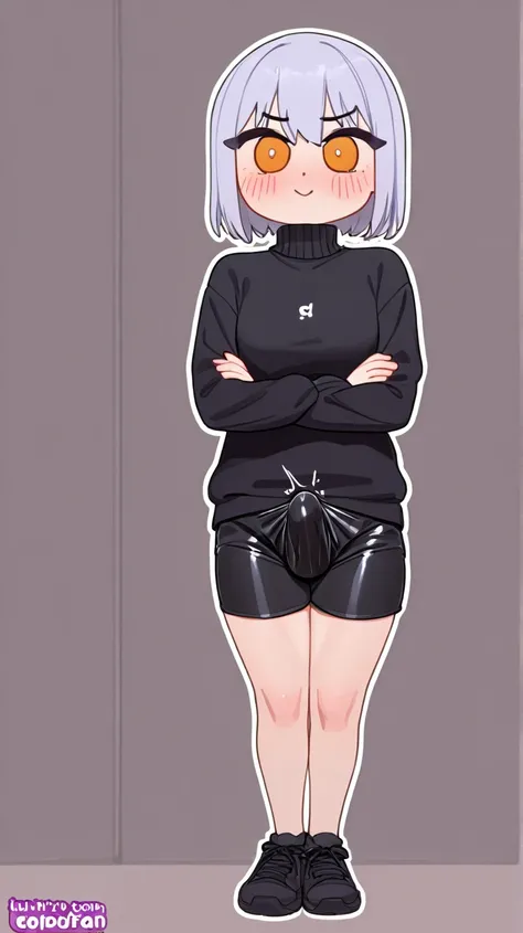 1girl, futanari, solo, cute, chibi, arms crossed, blush, side looking, black sweater, mini black shorts, Erection behind clothes