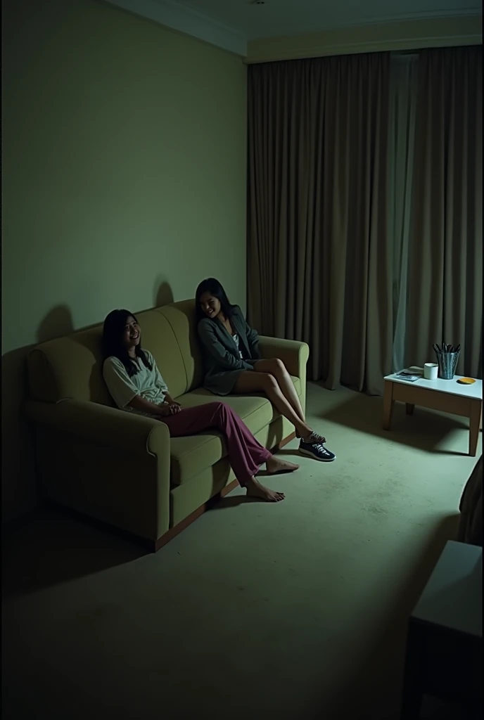 A realistic CCTV still image taken from the top corner of a dimly lit hotel room. The room is cozy yet slightly scary, with soft, warm lighting and shadows creating a sense of unease. In the center of the image, a couch is visible where two characters are ...