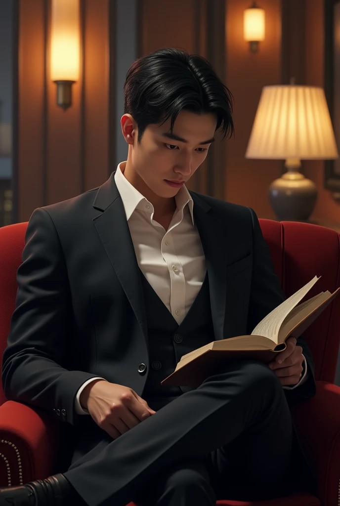 (photorealism:1.2), A man, 30 years, black short hair, black eyes, well dressed, executive, pleasant, handsome, ventrue vampire japanese,launge,reading book