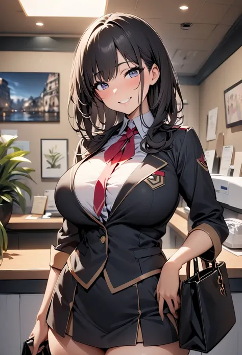 (  masterpieces in the background ,   best quality:1.2), 1 girl, Alone,  expressive eyes, Walk with a handbag on your shoulder, Receptionist,  Short Black Hair , ((( Perfect Face Girl ))), Big tits uniform, smile, (from beside), (((cowboy shot)))