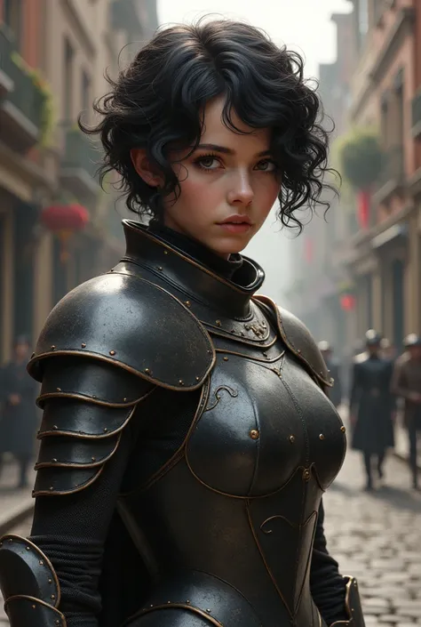 Brunette girl,  black eyes, short curly and black hair with armor in the Victorian era of about 17