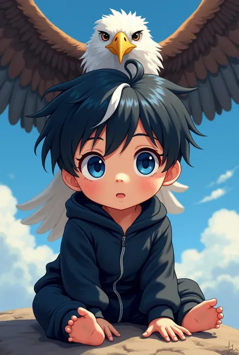 A baby boy with blue eyes 
Il a les cheveux noir et un pyjama noir 
Style animé manga
Il a une meche blanche dans les cheveux 
Un aigle le protege 

