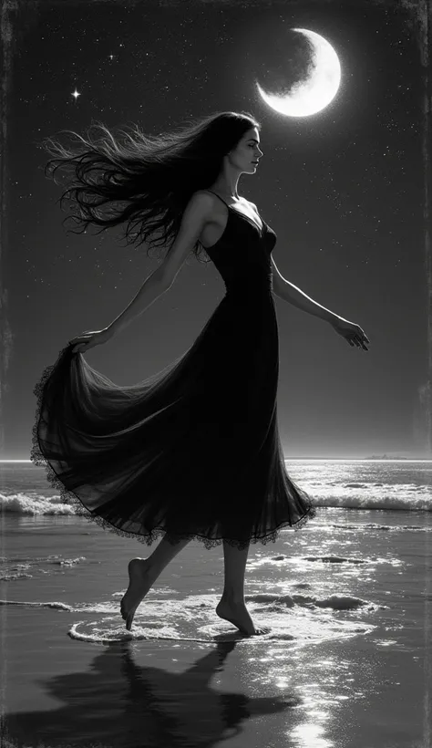 The image features a beautiful vintage, black and white illustration, with an antique texture, of a beautiful woman, long black hair, black dress, from the 1950s, barefoot, gently dancing in a night sea full of stars. Nostalgic image. #kercfyeuzl
