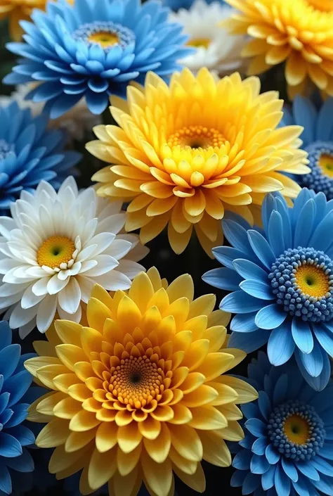 (Close-up of a better masterpiece:1.5)0.9, flower garden, blue, yellow, white flowers, no roses, yellow chrysanthemums, white chrysanthemums