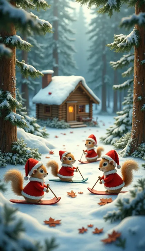 Beautiful forest. Small little animals are wearing Santas clothes. Small animals are making skis with dead leaves. Realistic. Grimms fairy tale. Small animals wearing clothes. Warmth. A small log house. Winter season. Christmas style. Dense plants. They ar...