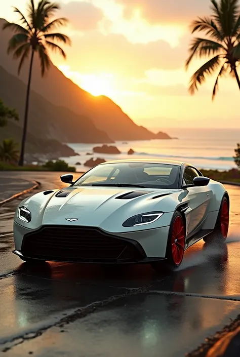 Create a full image of an Aston Martin with pearl white paint, black-accented rear bumpers, golden sunset-tinged windows, and sporty red-hued rims is going to look absolutely stunning. In a sunset mountanious tropical touch by the ocean chased down by poli...