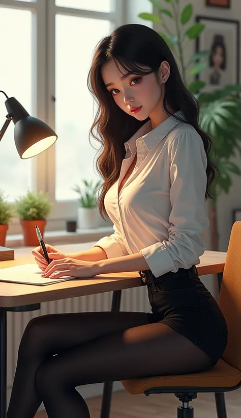 ((Shiori Suwano)), , Beihe, (( Octane Value Rendering )),  original photo, CG,  Side Facing Camera ,  extremely sexy , (( with a sexy thigh spread sitting on a high chair )), tight white shirt, Black Ultra Slim Pantyhose ,  Extra high heels thin heels ,  F...