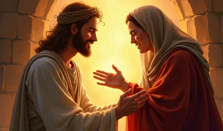 " Illustrate the moment in which Jesus heals Mary Magdalene ,  highlighting his expression of pain transformed into relief and gratitude.  The scene should convey the emotional intensity of the encounter , with light symbolizing healing involving both ."