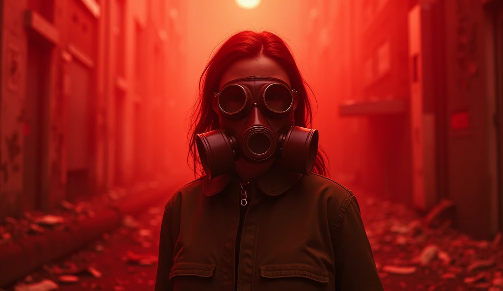  Generate an image about the computer game Fallout: London, ((( with an inscription: Quarantine, with a girl wearing a gas mask))), red fog around 