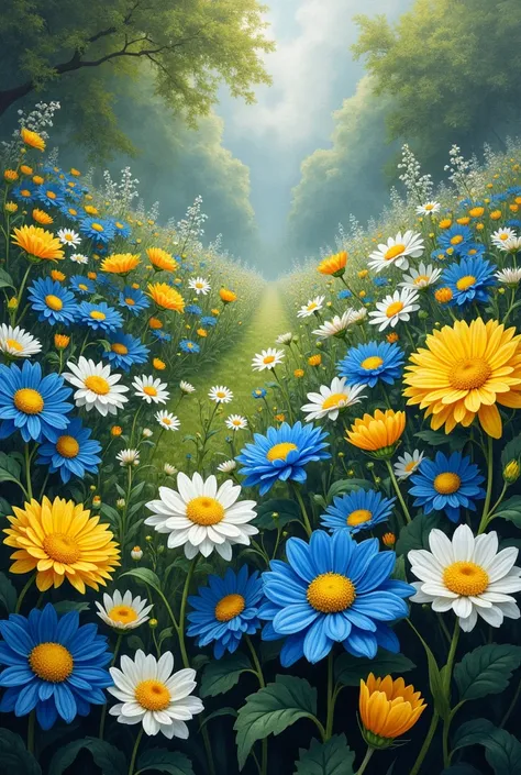 (Close-up of a better masterpiece:1.5)0.9, wide, flower garden, blue, yellow, white flowers, no roses, yellow chrysanthemums, white chrysanthemums