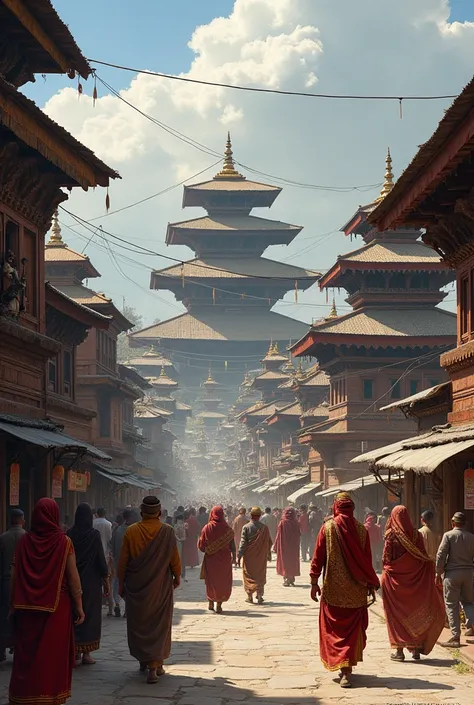 picture of Kathmandu city depicting thousands of years of toils, labours, hardships, tears, sweats to build it city of temples, city of cultures, city of festivals of newars with newari attires, ladies with haku patasi sari and titled Newa City