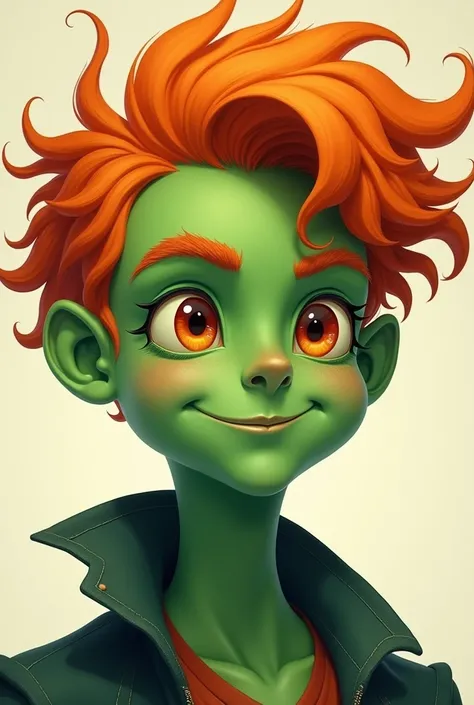 Human boy 20 years old with green skin and orange hair
