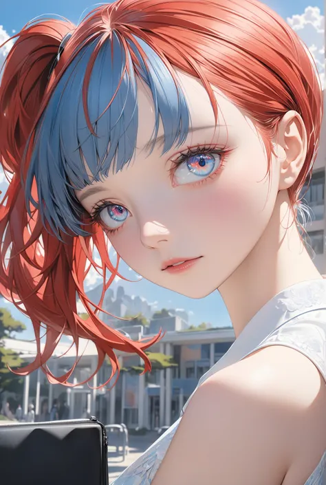 Masterpiece, high quality, high resolution, 16K, super detailed background, ultra realistic, digital painting, pastel colors, delicate hair, one girl has red hair ponytail, red eyes, the other girl has short blue hair bob, blue eyes, beautiful face, long e...