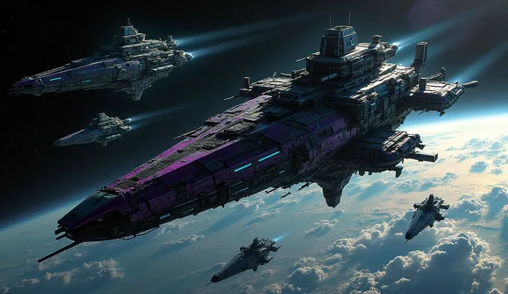 "A colossal alien fleet in Earths orbit, with massive, dark, iridescent ships shimmering in hues of purple and green under the sunlight. The ships are shaped like intricate fortresses, bristling with weaponry and glowing energy lines. Below, Earth is visib...