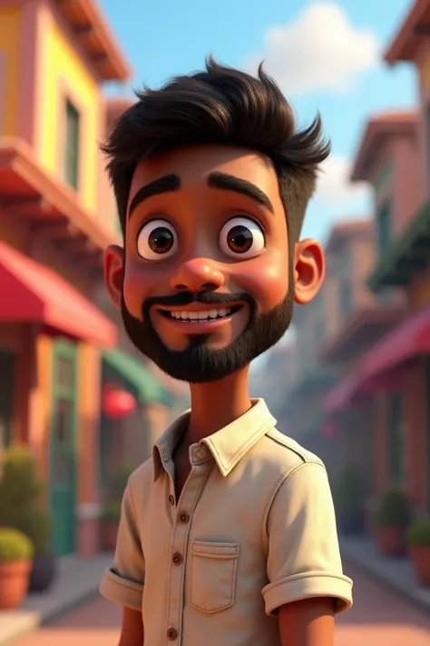 Fait un personnage Pixar : il a 26 ans, la peau noire, une barbe, les cheveux courts et noirs, les yeux noirs. Il porte une chemise 