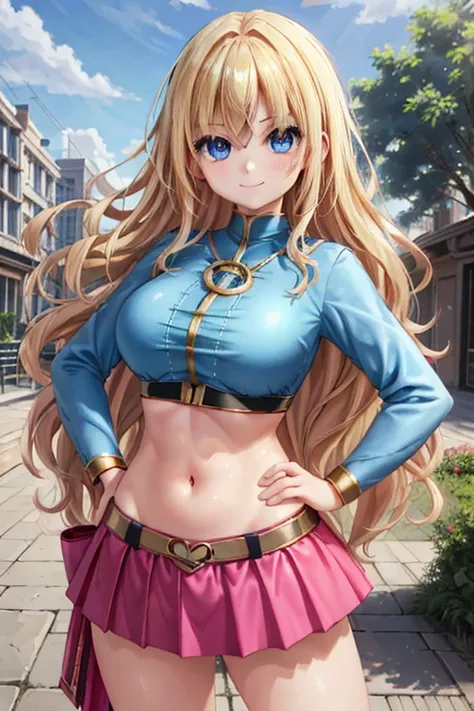 1girl, best quality, looking at viewer, kawaii, shiny skin, shiny clothes,　crop top, veritical navel, bare stomach, miniskirt, huge breasts, long hair, wavy hair, blonde hair, blue eyes, smile, hand on own hip, closed mouth, building, outdoors,  