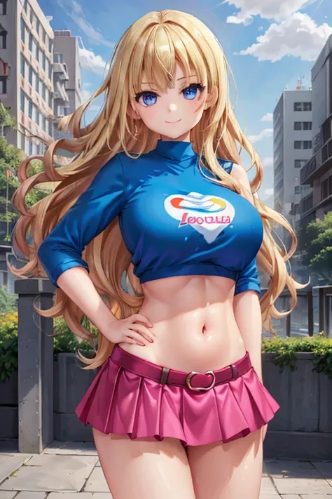 1girl, best quality, looking at viewer, kawaii, shiny skin, shiny clothes,　crop top, veritical navel, bare stomach, miniskirt, huge breasts, long hair, wavy hair, blonde hair, blue eyes, smile, hand on own hip, closed mouth, building, outdoors,  