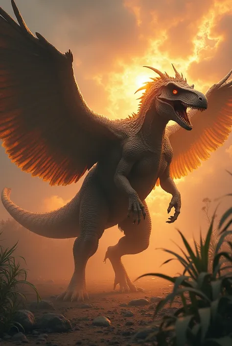  In a moment of intense energy and light ,  the dinosaur and the bird , before fierce rivals ,  begin to merge in a single creature ,  creating an imposing and fantastic figure .  Their shapes intertwine ,  the robust and muscular body of the dinosaur merg...