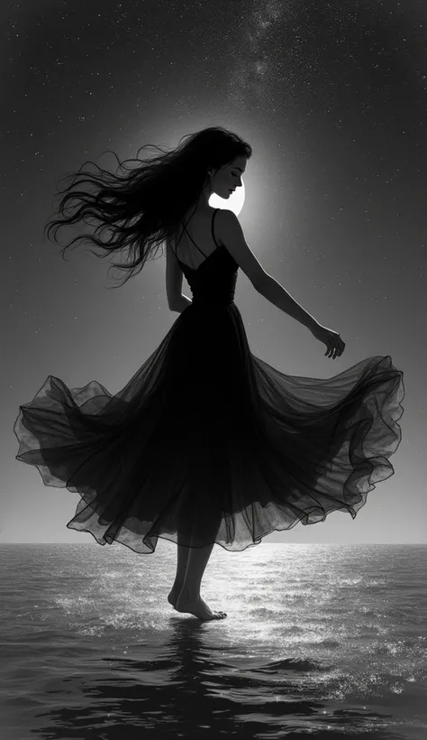 The image features a beautiful vintage, black and white illustration, with an antique texture, of a beautiful woman, long black hair, black dress, from the 1950s, barefoot, gently dancing in a night sea full of stars. Nostalgic image. #kercfyeuzl
