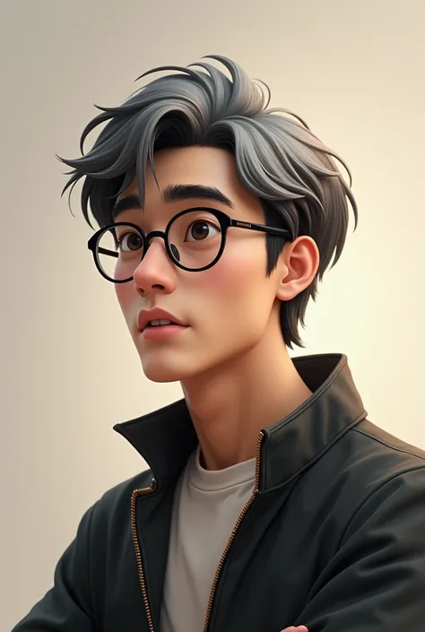 Creates the image of a asian male 25 years old, full-bodied, wise, kind and gentle looking person, with glasses, big eyes, gray and black hair.