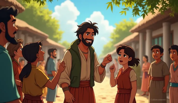 Elif , returns to his village, cheerfully talks to the villagers. The fear on their faces slowly diminishes, a hopeful atmosphere, Draw in animation style but realistic.