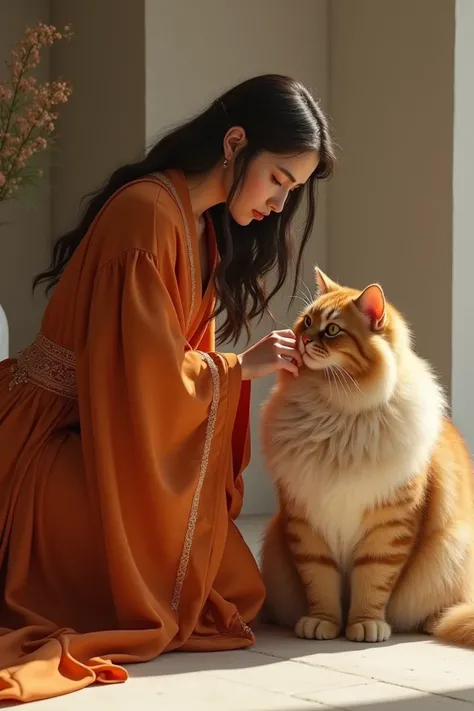 Woman wearing abaya leaning over with big Persian cat Oren walks facing camera 