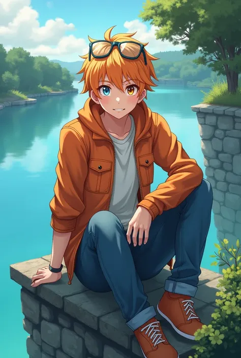 Young man with semi-long light Orange hair and With heterochromia, your left eye is light blue and your right eye is orange., he is dressed in a kind of orange jacket and a jeans that while behind him you can see a lake.... He is sitting on the edge of thi...