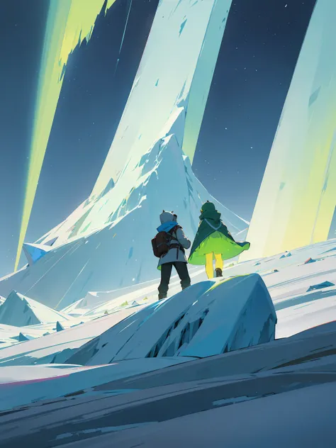 ice kingdom, ice, snowy mountains, snowy, two hikers staring at the ice kingdom, green aurora, nighttime, anime, beautiful scene, masterpiece