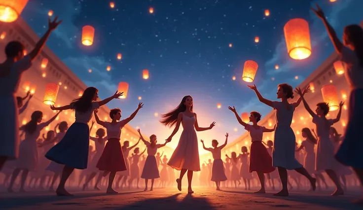  The people dance under the leadership of Elif ,  the light of the lanterns rises into the sky and the stars begin a return. The sky shines , Draw in animation style but realistic.