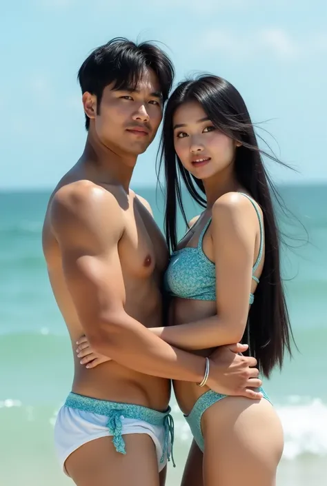 face looking to camera, face looking to viewer, looking a us, A beautiful Asian woman, long straight black hair, small butt sexy, soft white skin,wearing aquamarine cyan high waisted paisley print twist front short set ,holding hands on a handsome Asian ma...