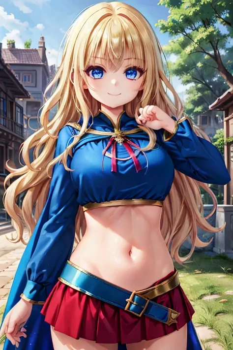 1girl, best quality, looking at viewer, kawaii, shiny skin, shiny clothes,　crop top, veritical navel, bare stomach, miniskirt, cloak, huge breasts, long hair, wavy hair, blonde hair, blue eyes, smile, hand on own hip, closed mouth, building, outdoors,  