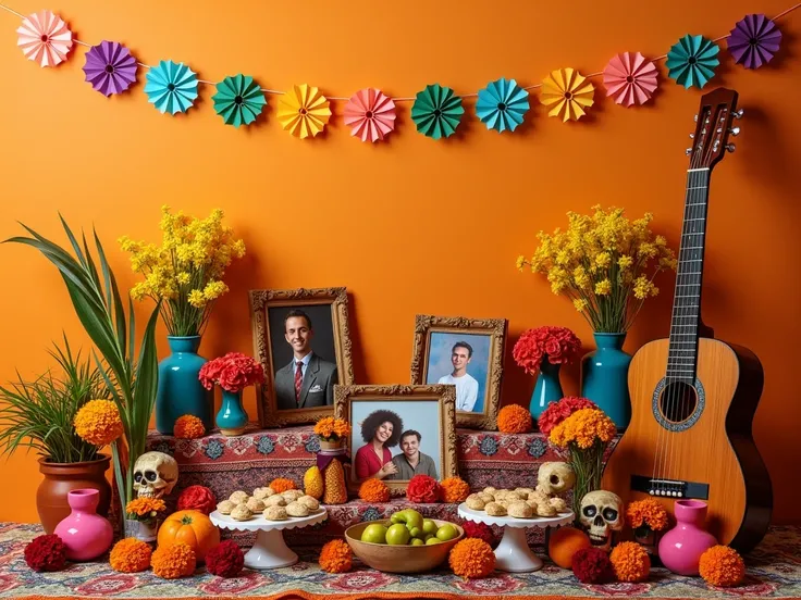 Create a Day of the Dead altar set against a plain, single-color background in a warm tone. The altar should feature marigold flowers scattered around, traditional offerings such as tamales, pan de muerto, fruits, photographs of loved ones, and a classic g...