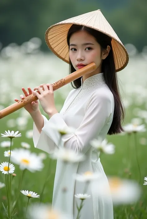 Realistic portrait photography. A Vietnamese girl in an ao dai and a conical hat called a "Nonla" stands in a field of daisies. She plays a beautifully carved flute.