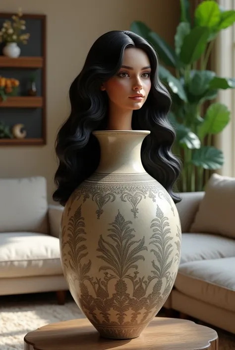 A beautiful Latin woman with long hair was transformed into a ceramics vase by an artist and placed in the living room