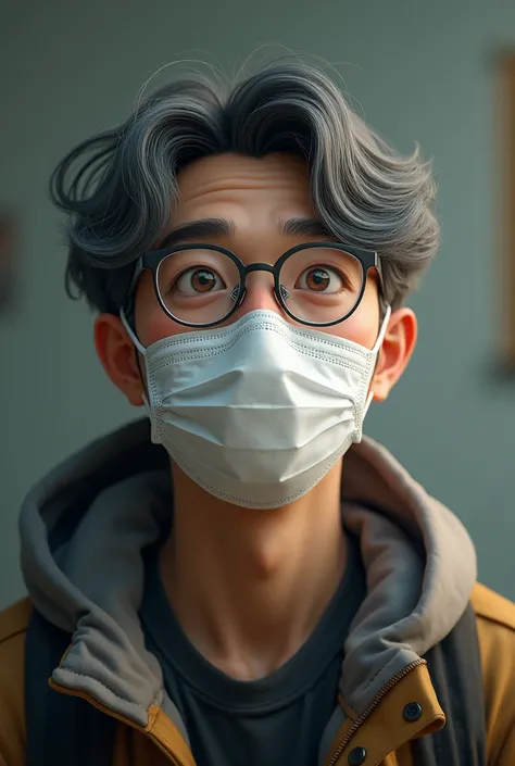 Creates the image of a asian male 25 years old,  using facemask, full-bodied, wise, kind and gentle looking person, with glasses, big eyes, gray and black hair, high detailed, photorealism, 