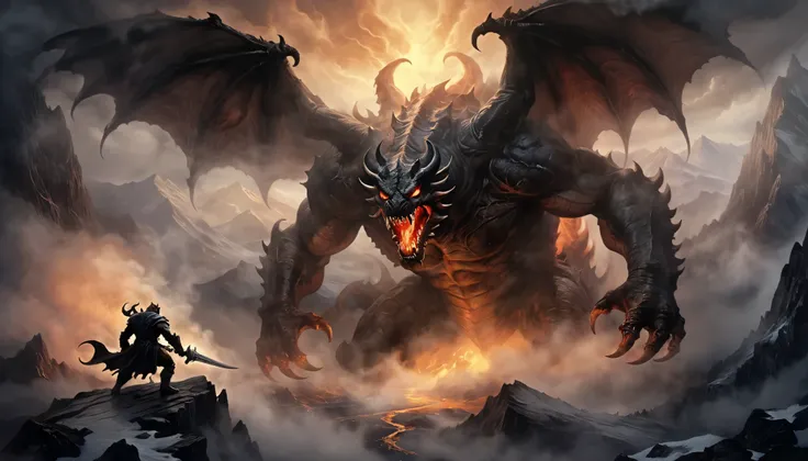 dark fantasy art style,hellknight fighting a giant balrog demon,Bosstyle,burned mountain in background,morning dawn,(mystical dense fog),oil and watercolor painting,(dense smoke by Kim Keever),dark,moody,dark fantasy in style of JRR tolkin,saurons eye burn...