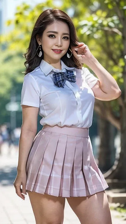 full body shot, from below,  japanese mature,  detailed face , Facial wrinkles, Wrinkles around the eyes, smile,  Detailed Skin Textures ,  white skin,  heavy makeup,  long hair, (curvy body:1.3), (earrings, school uniform, short sleeve shirt, summer style...