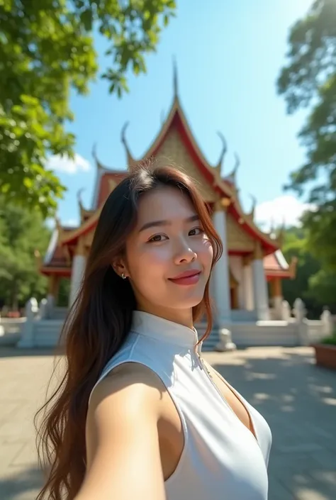 .
.
Prompt:
A young woman takes a selfie in front of a Thai temple site, with a clear sky.
Curvy Young girl, she has long hair, cute, she wearing A clean white cheongsam. The lighting in the image is a mix of natural light and shadows, creating a dappled e...