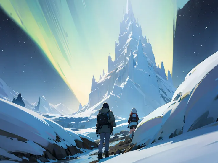 ice castle, ice, snowy mountains behind, snowy, two hikers staring at the ice castle, green aurora, nighttime, anime, beautiful scene, masterpiece