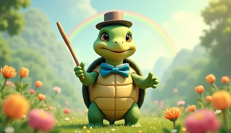 "A gentle green turtle with a large shell, wearing a blue bow tie and a small bowler hat. Standing, wearing a Mr. Turtle suit has friendly, smiling eyes and stands confidently holding a teaching stick in his hand. He is surrounded by blooming flowers, with...