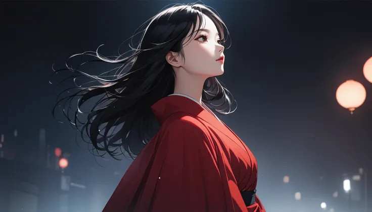 (masterpiece:1.5),(Beat quality),(high res),1girl solo,beautiful face, long black hair,Red Kimono Woman, facing left ,night,背景はnightの日本のお墓