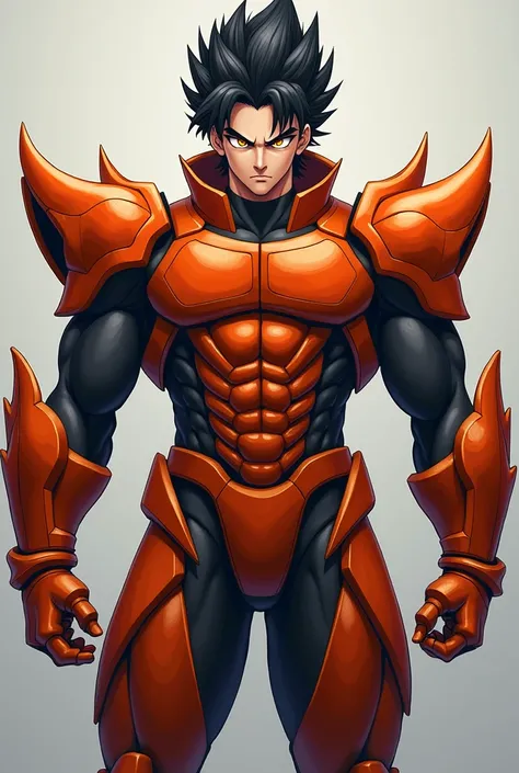 A male being, powerful body, wearing a cool orange red armoured costume, anime figure, black hair and glowing eyes, serious face, looking straight, 