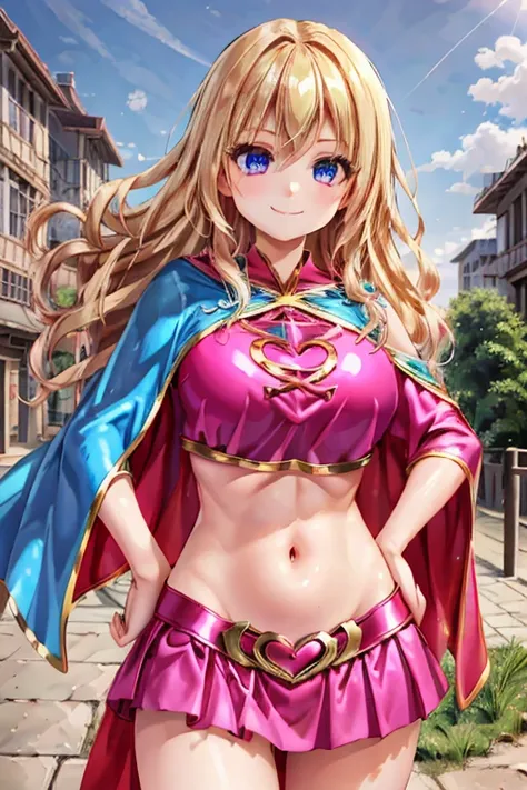 1girl, best quality, looking at viewer, kawaii, shiny skin, shiny clothes, pink costume, crop top, veritical navel, bare stomach, miniskirt, cloak, huge breasts, long hair, wavy hair, blonde hair, blue eyes, smile, hand on own hip, closed mouth, building, ...