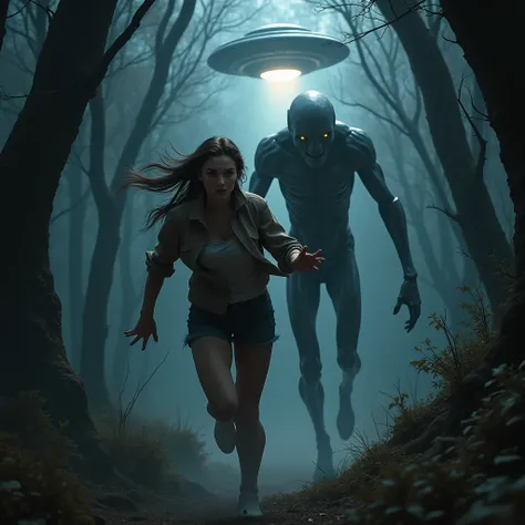  A beautiful woman is attacked by a gray alien in a threatening way, The woman is running and there is a UFO flying in the background , realistic scene, dark scene, at forest