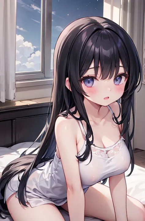 （Cute sister:1.3）、(( very detailed))、  knight 、bedroom、 on the bed、、Going to sleep 、Shining   knight  sky、((1 person)),, white camisole、 black hair long hair, big breasts