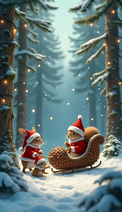 Beautiful forest. Small little animals are wearing Santas clothes. Rabbits are making a sleigh out of pine cones. Realistic animals. Grimms fairy tale. Small animals wearing clothes. Warmth. Christmas lights on the tree. Winter season. Christmas style. Den...