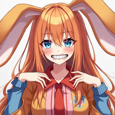  girl with huge bunny ears , straight orange hair ,  Blue Eyes,  orange and red shopping clothes, Yandere smile is possessive