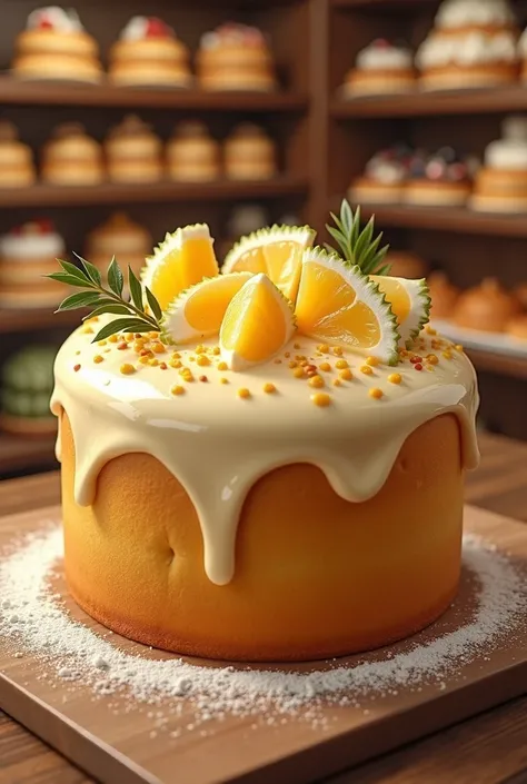 A poster image of a cake shop with a good-looking durian cake that looks delicious