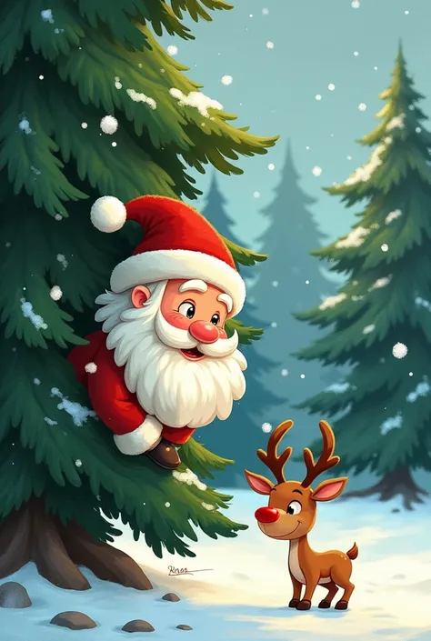 Create a picture of Santa Claus ,  hiding behind trees from ren