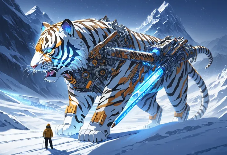 highly detailed and dynamic illustration,a futuristic mechanical saber tiger in a vast snow field.mechanical saber tiger is sleek and detailed, resembling a robotic saber tiger with visible gears, glowing blue lights, and a sturdy metallic frame. The backg...